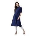 Navy Blue Linen Kurti for Women (Tailor Made) - Pocket.
