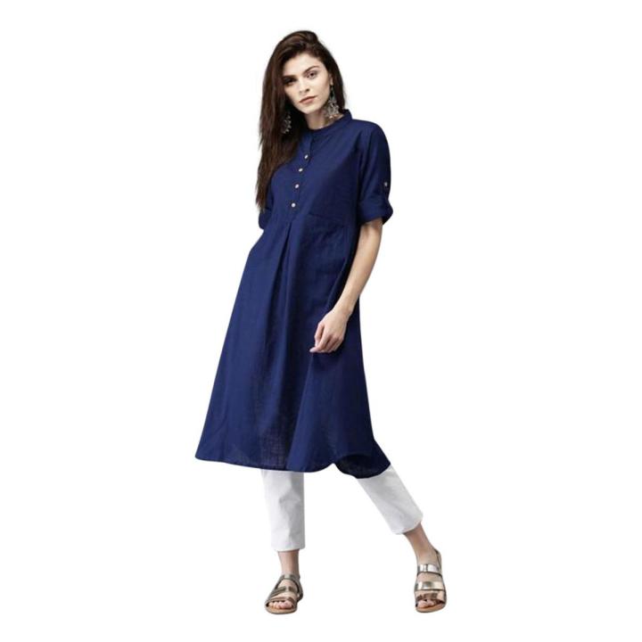 Navy Blue Linen Kurti for Women (Tailor Made) - Pocket