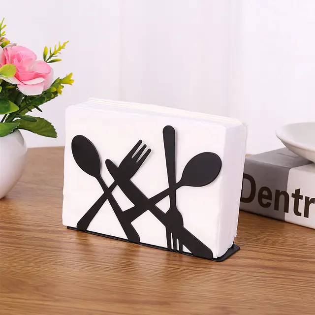 Fashion kitchen iron art craft black spoon fork knife napkin paper holder tissue block rack home hotel cafe table decor