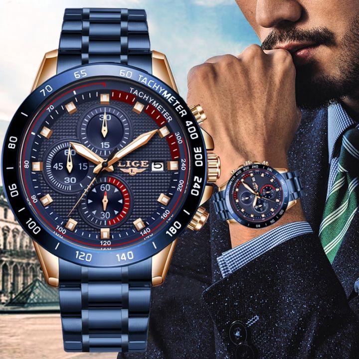 New Arrival LIGE Blue Fashion Stainless Steel Waterproof Quartz Watch