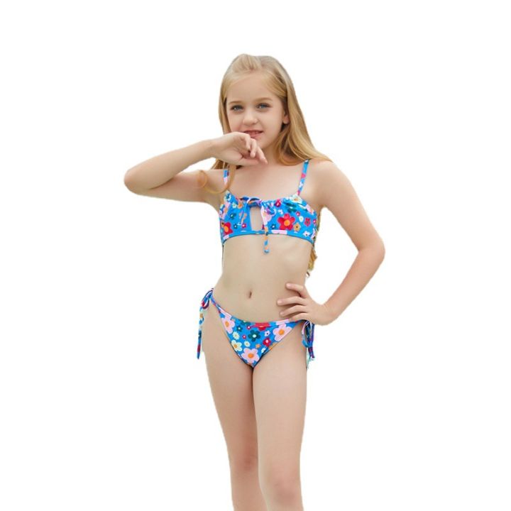 2022%20Children's%20Swimwear%20New%20Cross%20Border%20Girls%20Two-Piece%20Swimsuit%20Kids%20Bikini%20Blue%20Colorful%20Flowers%20-%20Image%205