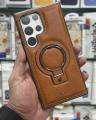Jinduka Leather phone PU case with luxury magnetic support ring for Samsung Galaxy S25 Ultra, S24 Ultra, S23 Ultra/ Magsafe, wireless charging, hollow logo. 
