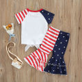 Independence Day Little Girls Outfit, Short Sleeve Round Collar Cow Head Printing Tie Up Tops + Splicing Bell-bottomed Pants. 