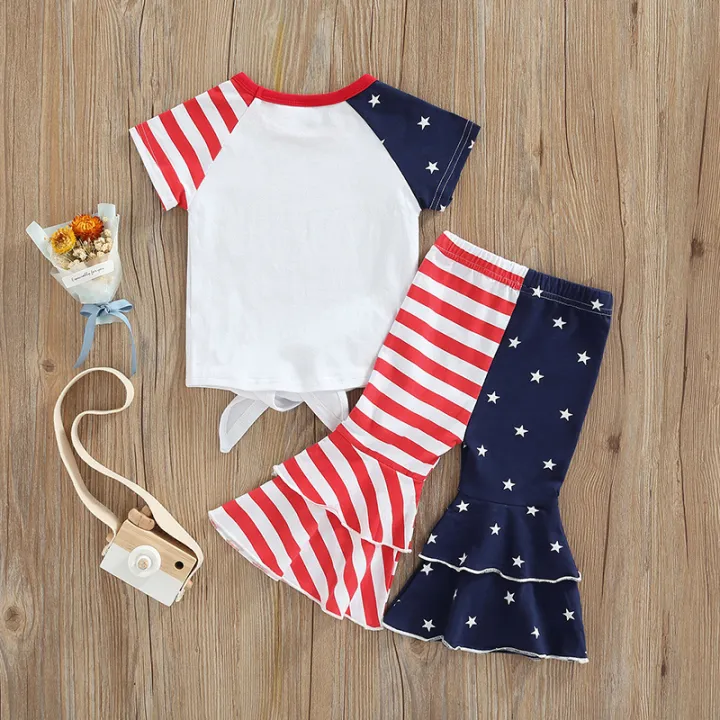 Independence%20Day%20Little%20Girls%20Outfit,%20Short%20Sleeve%20Round%20Collar%20Cow%20Head%20Printing%20Tie%20Up%20Tops%20+%20Splicing%20Bell-bottomed%20Pants%20-%20Image%204