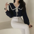 【Exclusive Limited Edition】 Spring and Summer 2023 New Doll Collar Lace-up Lantern Sleeve Shirt Women's Inner and Outer Wear Solid Color Shirt. 
