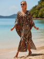 Summer Tiger Striped Print Bat Sleeves Side Split Beach Dress Plus Size Kaftan Swimsuit Bikini Cover-ups Women Beach Wear House Foocus. 