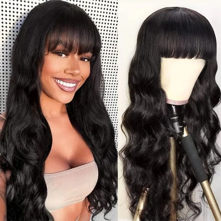 Body Wave Wig With Bangs Brazilian Human Hair Wig Sale Full Machine Made Fringe Glueless Wigs Ready To Wear Hair
