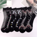 1/5 Pairs Women's Crystal Cotton Ice Socks Summer Short Thin Glass Socks Cool Breathable Comfortable Flower Embroidered Socks. 