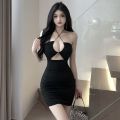 Sexy Hot Girl Cutout Topless Sling Dress Women's Tight Backless European and American Style Slim Fit Slimming Arm Covering Short Skirt Fashion. 
