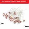 5pcs LDR 5mm Diameter Photoresistor Photo Cell Light Dependent Resistor 5mm LDR Sensor Switches For Night Light Street Light Sensor Automatic Headlight Dimmer Control Photo Light Sensitive Resistor.