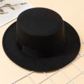 Hat Women's Woolen Top Hat Autumn and Winter Black Vintage Gentleman English Style Flat Top Stage Accessories Top Hat.