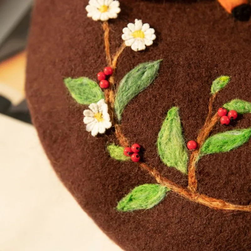 Women's Hat Lifelike Fox Cute Funny Handmade Woolen Felt Beret