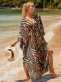 Summer Tiger Striped Print Bat Sleeves Side Split Beach Dress Plus Size Kaftan Swimsuit Bikini Cover-ups Women Beach Wear House Foocus. 