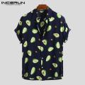 INCERUN New Mens Hawaiian Avocado Floral Short Sleeve Beach Party Top Fancy Dress Shirts.