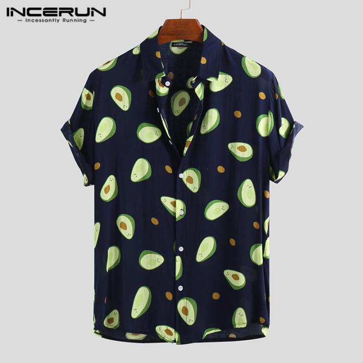 INCERUN New Mens Hawaiian Avocado Floral Short Sleeve Beach Party Top Fancy Dress Shirts