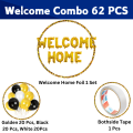 Golden Foil Welcome Home Decoration Pack: Banner, Balloons (Gold, Black, White), Both Side Tape - Complete Party Set (62 Pcs). 