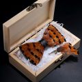 KAMBERFT design handmade feather bow tie brooch wooden box set high quality men's bowtie leather tie for wedding party banquet.