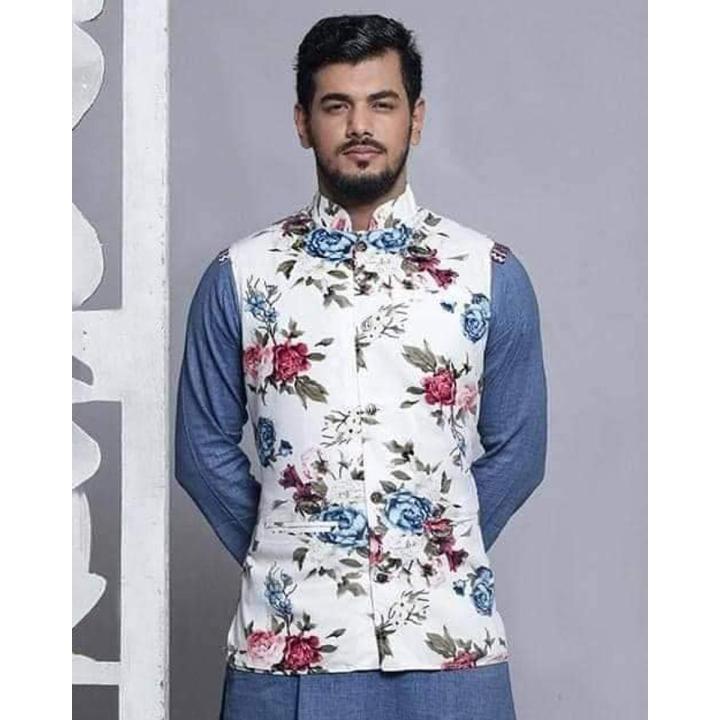 Premium Floral Print Silk Waistcoat (Koti)