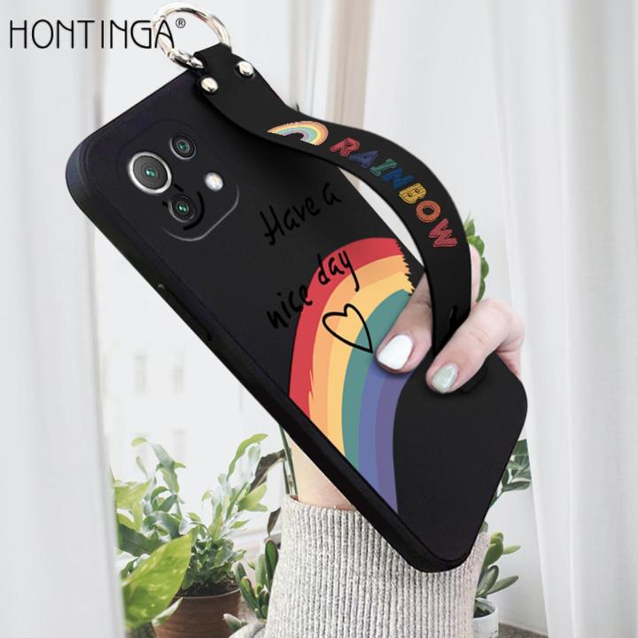 Hontinga for Xiaomi Mi 11 Lite 5G NE Wrist Strap Case Lovely Graffiti Rainbow Smile Thin Phone Cover Square Edge Liquid Silicone Creativity Phone Case
