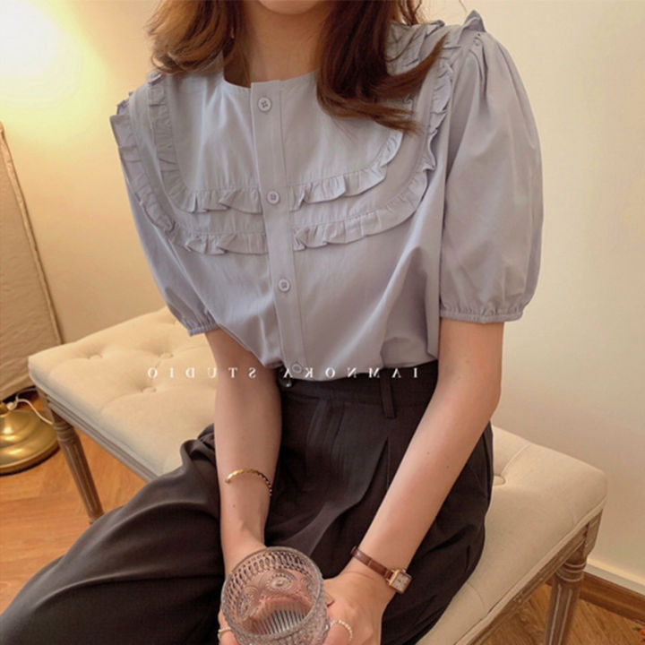 French Style Temperament Lace Collar Puff Sleeve Short Sleeve Shirt for Women Summer New High-Grade Chic Blue Gentle Top