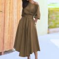 Women Elegant Sexy Off Shoulder Party Dress 2021 Summer Tie-Up A-Line Dress Office Lady Casual Short Sleeve Pocket Dress Vestido. 