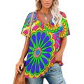 Women Colorful Flower T Shirts Bright Hippy Cartoon V Neck Street Wear Oversized T-shirt Girls Cute Tee Shirts Summer Clothing. 