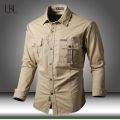 Men Cotton Military Shirts Mens Long Sleeve Casual Tactical Shirt Male Cargo Work Shirts Working Shirts Slim Fit Business Tops. 
