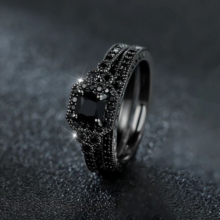 Vintage Square Black Stone Ring Set Female Black Gold Color