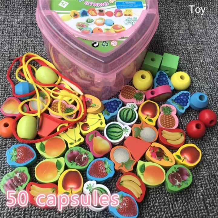60Pcs Wooden Animal Fruit Block Stringing Beaded Toys For Children ...