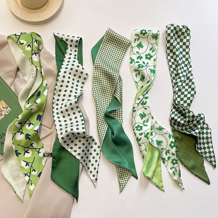 Green Silk Scarf Headband Light Luxury Satin Plaid Fashion Simple Floral Thin Headband Fresh Headwear For Women Stylish Gift Bayline