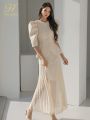 H Han Queen New Work Wear 2 Pieces A-Line Pleated Vestidos Korean Slim Vintage Dresses Elegant Fashion Summer Casual Party Dress. 