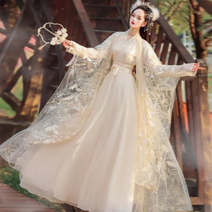 White%20Women's%20Han%20Chinese%20Clothing%20Ancient%20Costume%20Summer%20Improved%20Dress%20Super%20Fairy%20Style%20Flow%20Fairy%20Skirt%20with%20Wide%20Sleeves%20Ancient%20Style%20Summer%20-%20Image%202