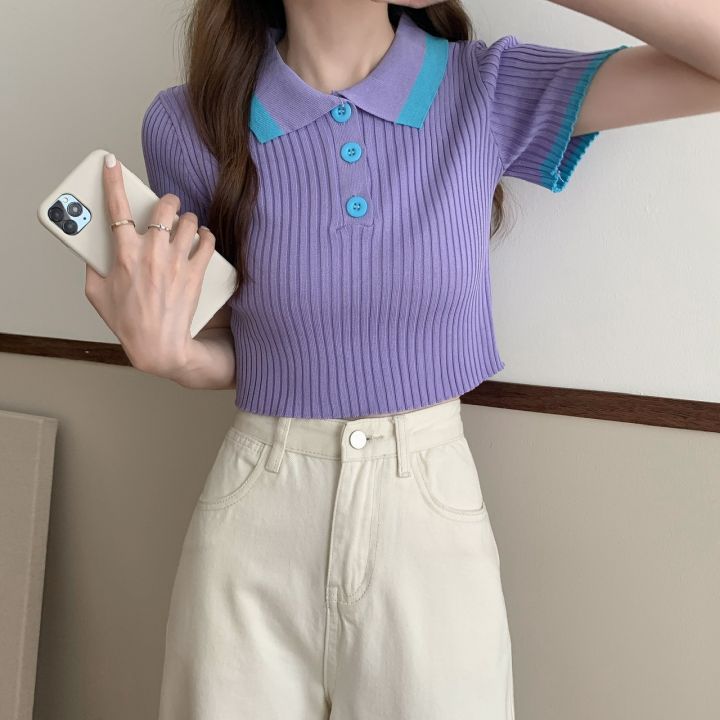 Knitted%20sweater%20for%20women,%20short-sleeved%20summer%20polo%20shirt%20with%20lapel%20for%20small%20people,%20slim%20fit,%20navel-baring%20short%20fashion%20high-waisted%20top%20-%20Image%202