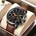 LIGE 9866 Chocolate PU Leather Chronograph Watch For Men - Black & Chocolate. 
