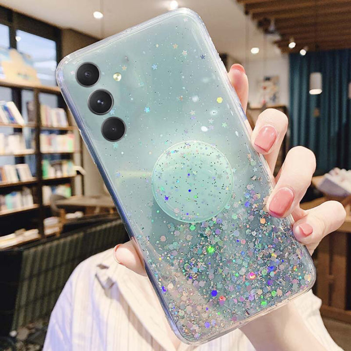 New Phone Case For Samsung Galaxy M54 Cover Glitter Bling Soft Stars Moon Sequins Folding Bracket Transparent For Samsung Galaxy M54 Case