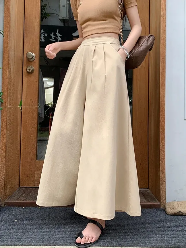 2025 Autumn Women's High Waist Wide Leg Pants Elegant Trousers Korean  Cotton Linen Skirts White
