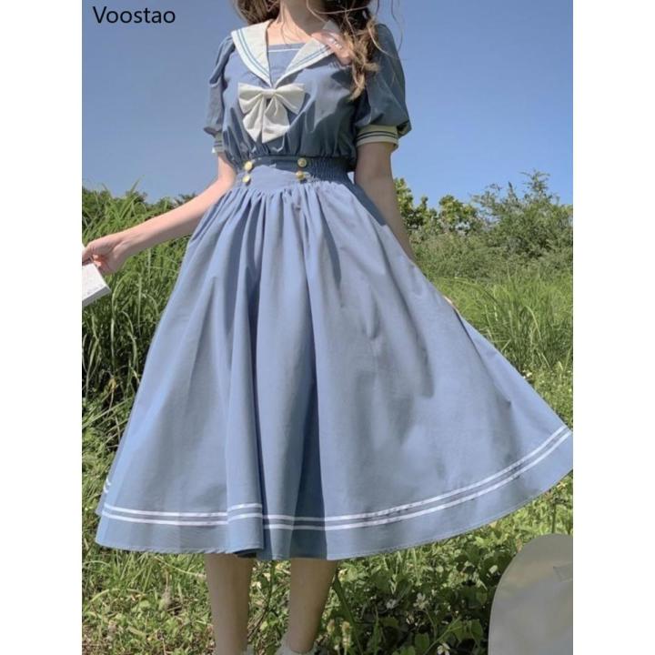Japanese Soft Sister Cute Lolita Dress Women Sweet Puff Sleeve Slim Student Dresses Party Retro Girls Bow Salior Collar Vestidos