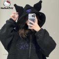 Sanrio Cartoon Kuromi Clothes Women Black Embroidery Hoodies Y2k Aesthetic Tops Autumn Thin Coat Female Fashion Loose Sweatshirt. 