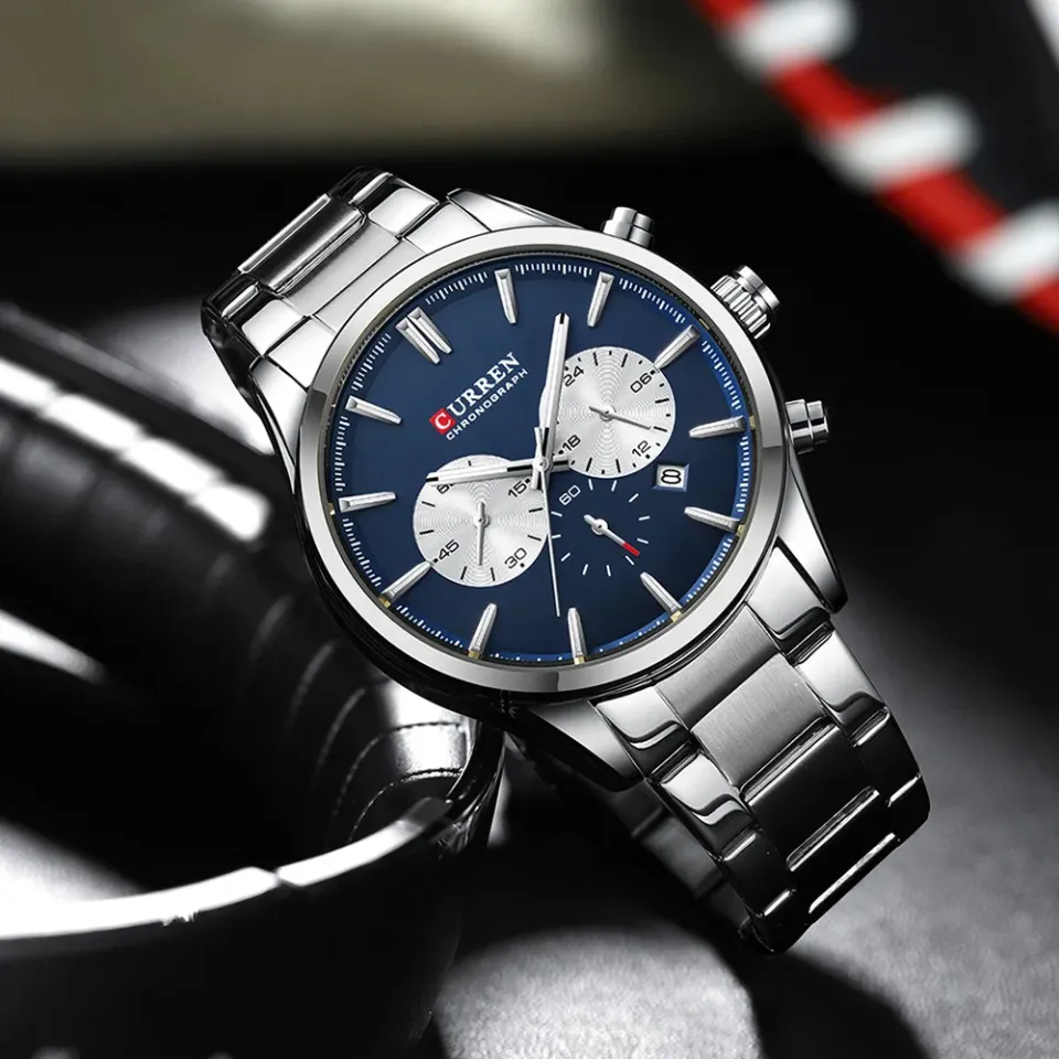 CURREN 8446 Man WristWatch Waterproof Chronograph Auto Date Fashionable Casual Luxury Stainless Steel Watch For Men Silver Blue Daraz .bd