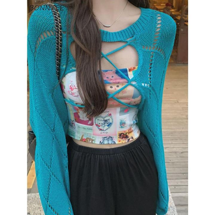 Shrugs Women Pure Simple All-match Crop Spring Personality Korean Style Lace-up Design Retro Sweater Hot Girls Chic Casual