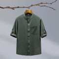 Cross-border new summer men's cotton and linen crepe solid color men's shirt Chinese style stand collar casual men's loose shirt. 