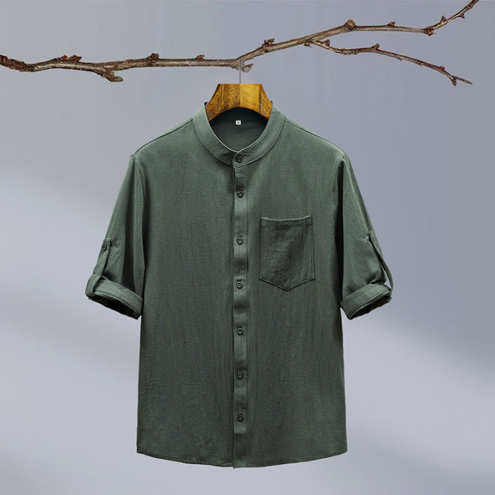 Cross-border%20new%20summer%20men's%20cotton%20and%20linen%20crepe%20solid%20color%20men's%20shirt%20Chinese%20style%20stand%20collar%20casual%20men's%20loose%20shirt%20-%20Image%205