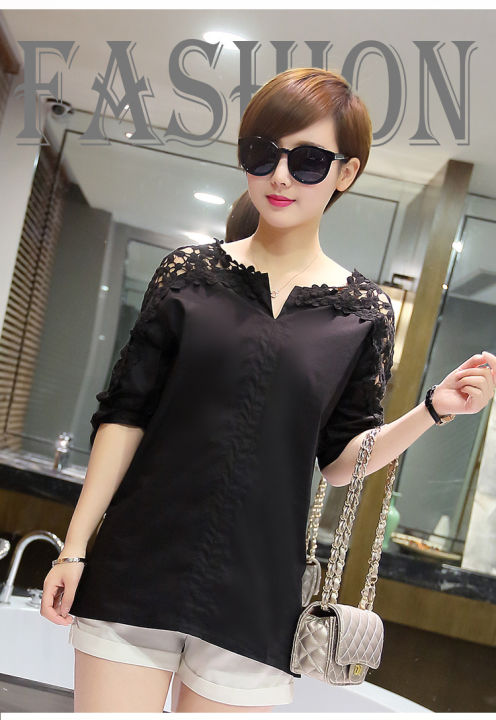 2023%20Summer%20New%20off-the-Shoulder%20Shirt%20Large%20Size%20Women's%20Loose%20Korean%20Style%20Hollow%20Top%20Shirt%20Lace%20Bottoming%20Shirt%20-%20Image%207