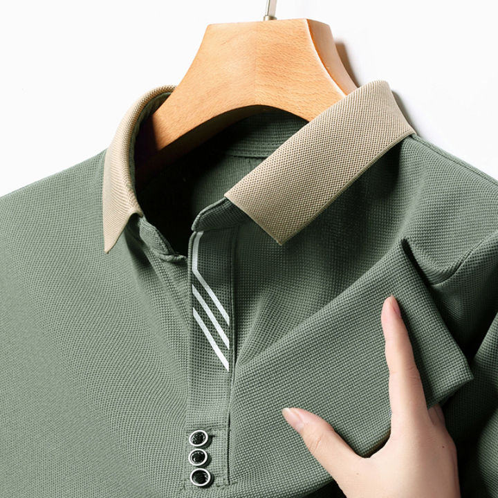 Korean Handsome New 2024 Summer Ice Silk Polo Shirt Loose Breathable Short Sleeved Thin Polo Striped Casual Tops Men's Clothing