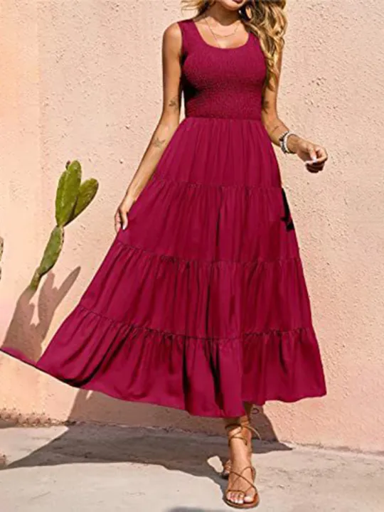 Dresses%20For%20Women%202024%20Summer%20Elegant%20Sleeveless%20Floral%20Solid%20Color%20Long%20Dress%20Fashion%20Elastic%20Waist%20Beach%20Party%20Big%20Swing%20-%20Image%205