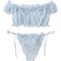 2PCS Off Shoulder Lace Up Bikini Set Women Sweet Casual Short Sleeve Swimsuits Beachwear Bathing Suits Lingerie.