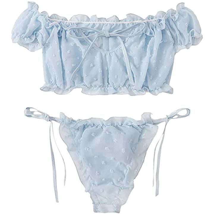 2PCS Off Shoulder Lace Up Bikini Set Women Sweet Casual Short Sleeve Swimsuits Beachwear Bathing Suits Lingerie