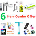 Mobile Accessories combo pack  (6 Item)- Headphone+Mini power bank+USB cable+USB fan+USB light+Mobile stand. 