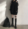 Black hooded sweatshirt women's Harajuku style dark black new off-the-shoulder pullover top spring loose casual bf long sleeves. 