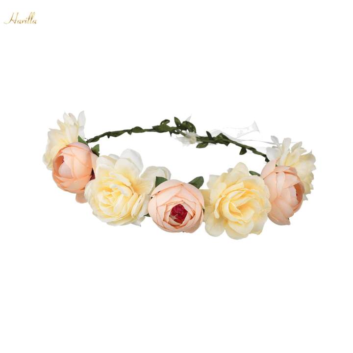 Boho%20Flower%20Crown%20Floral%20Garland%20Headband%20Flower%20Headpiece%20with%20Ribbon%20Champagne%20-%20Image%204